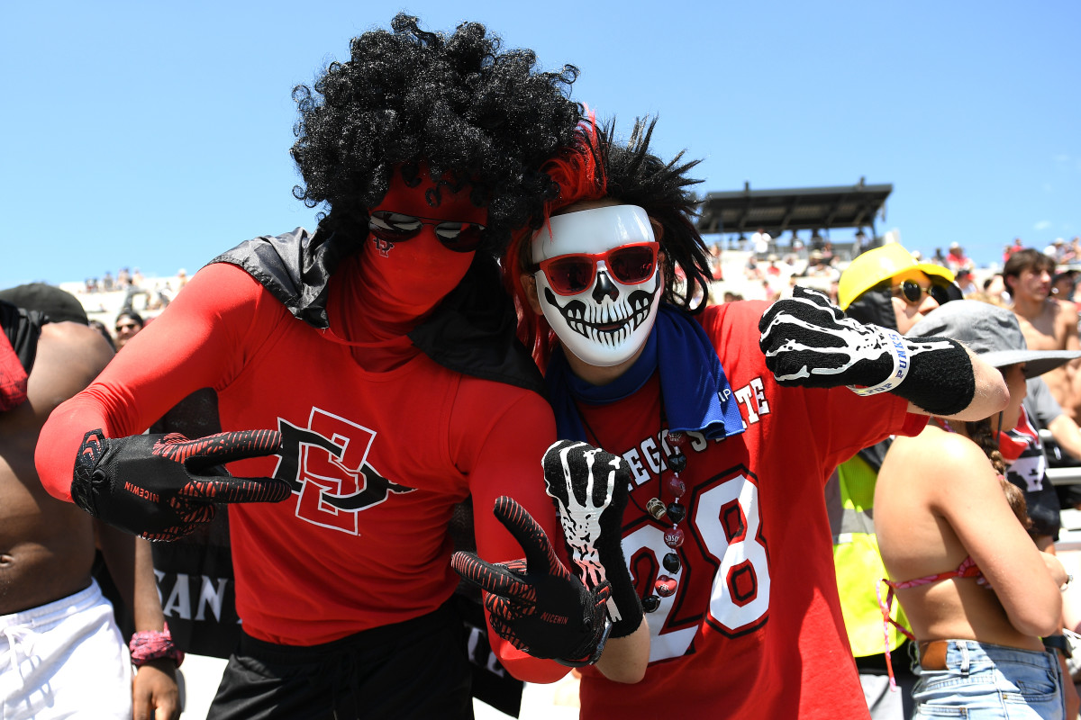 San Diego State football fans are decked out in masks during a day game.